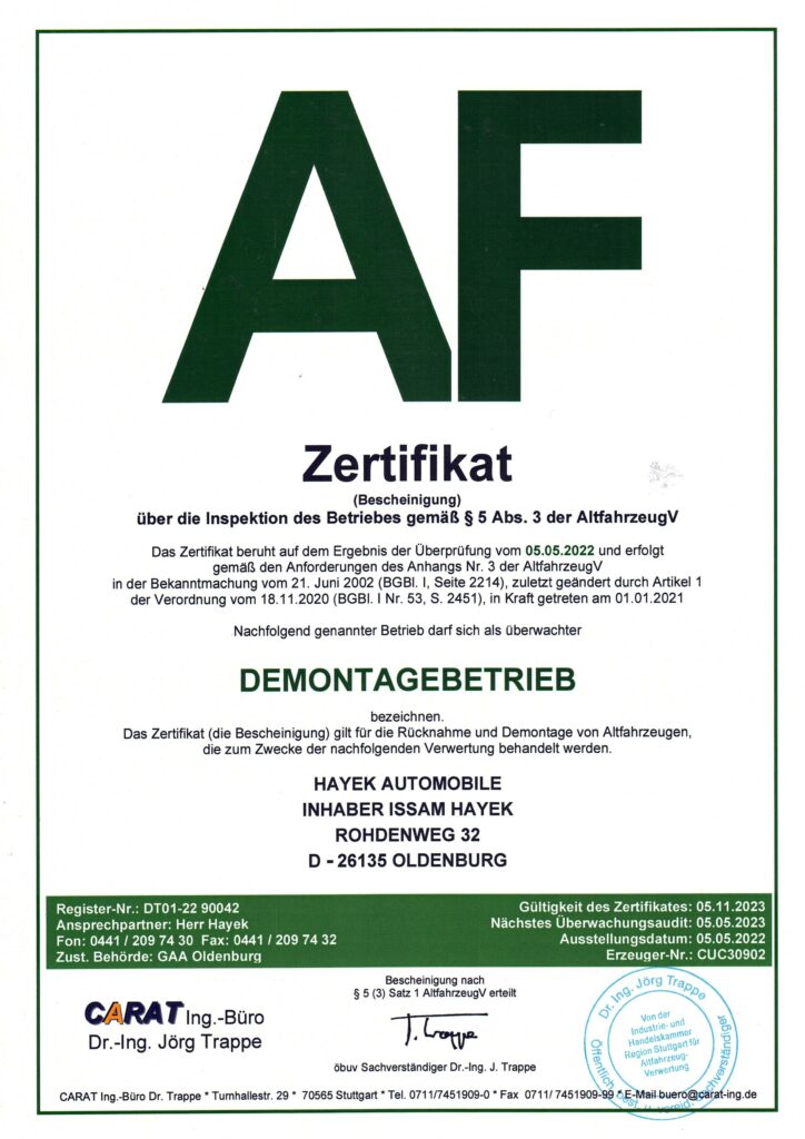 Hayek Automobile KFZ Werkstatt & Service in Oldenburg Zertifikat_2022-724x1024 Recycling  