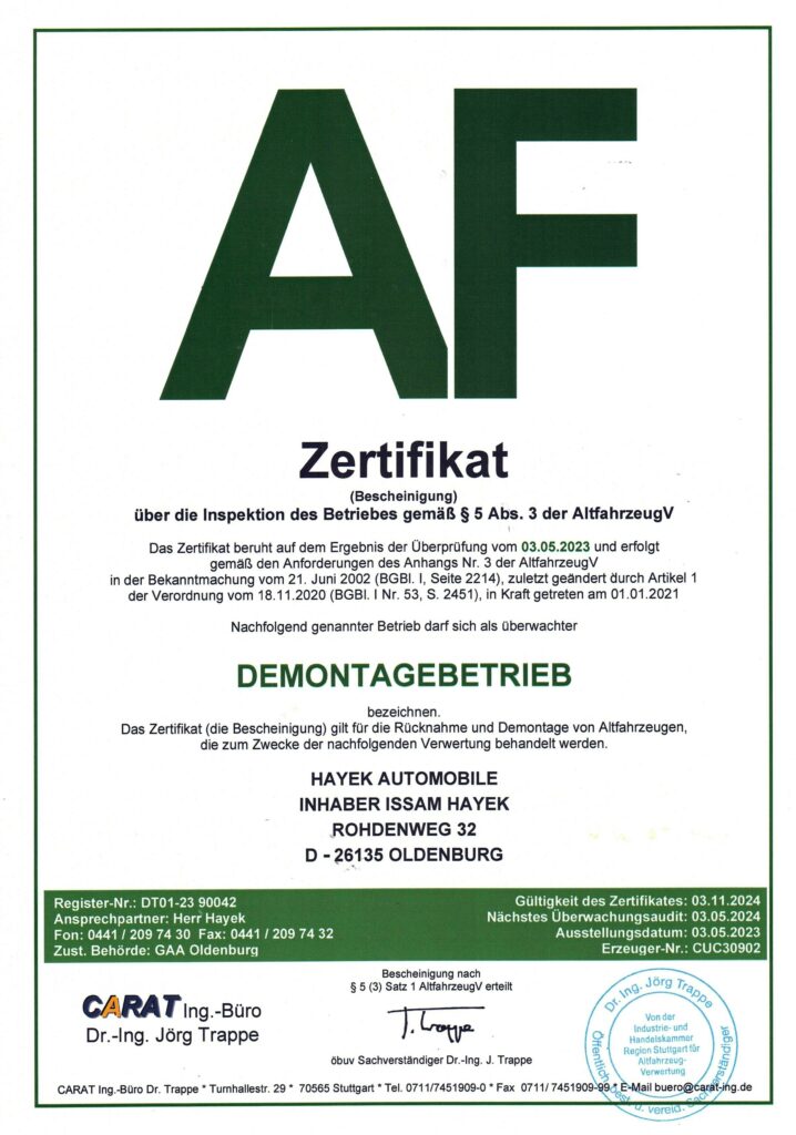 Hayek Automobile KFZ Werkstatt & Service in Oldenburg Zertifikat-718x1024 Recycling  