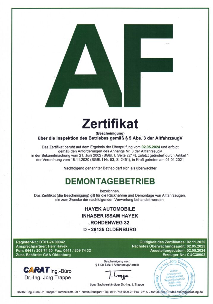 Hayek Automobile KFZ Werkstatt & Service in Oldenburg Zertifikat_20241-718x1024 Recycling  